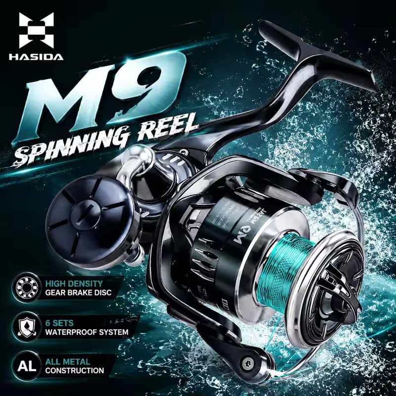 Trolling Reel - HASIDA M9 スピニングリール。フルメタル製で、海水に強く、遠投が可能。沖釣りやジギングに最適。ライン容量が大きく、釣り人におすすめ。